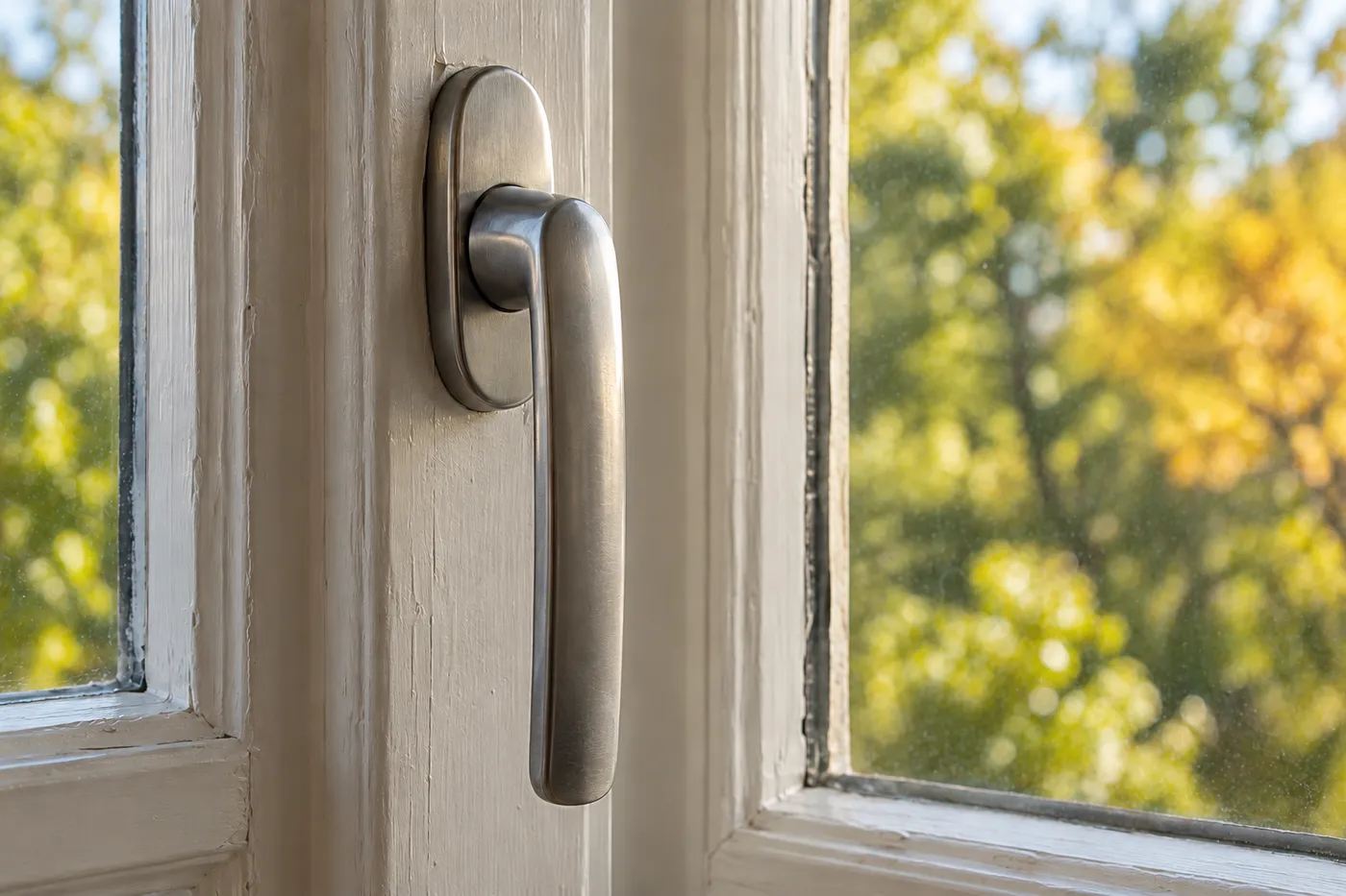 Fenstergriff aus gebürstetem Aluminium an einem weiß lackierten Holzfenster