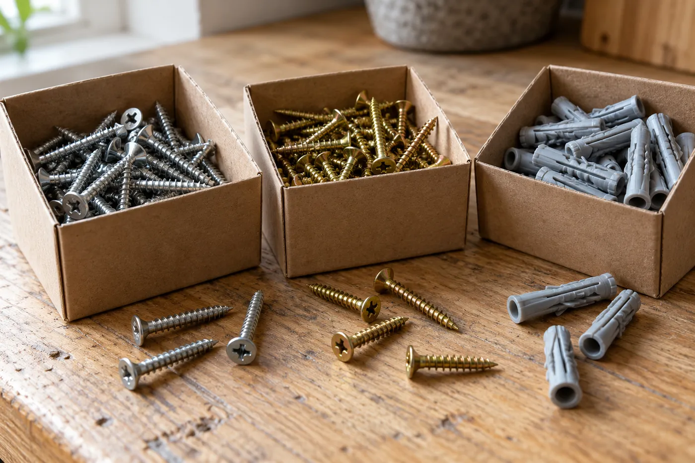 Drei offene Schachteln mit Edelstahlschrauben, verzinkten Spanplattenschrauben und Dübeln
